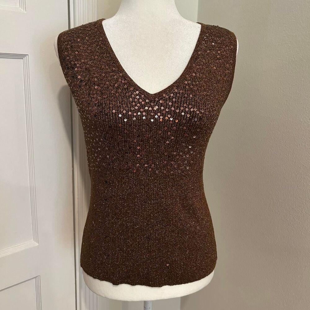 Vintage Y2K Once Again Sequins V Neck Women's Brown Knit Top
